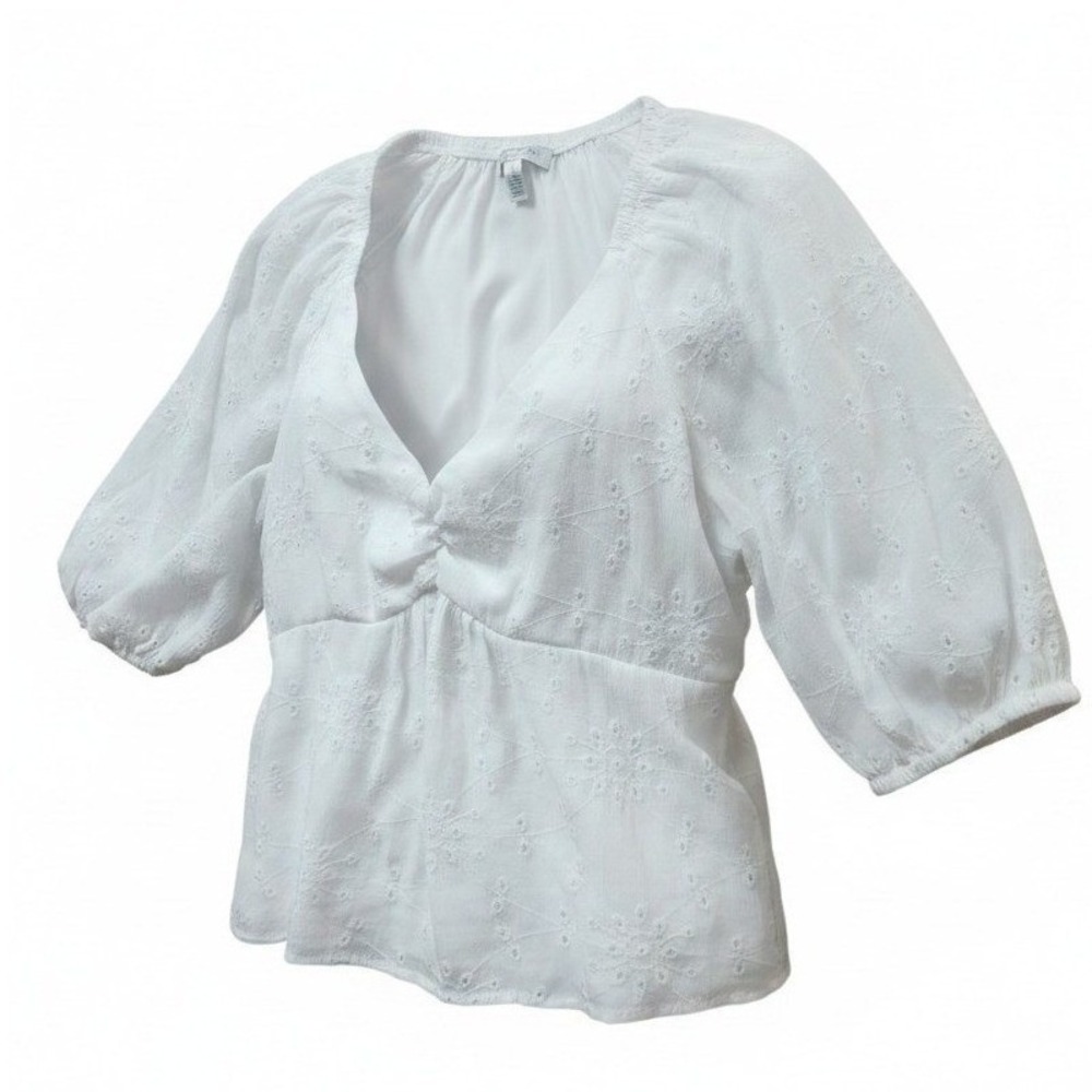 Sofia Jeans by Sofia Vergara White Eyelet V-Neck Baby Doll Peplum Top Large